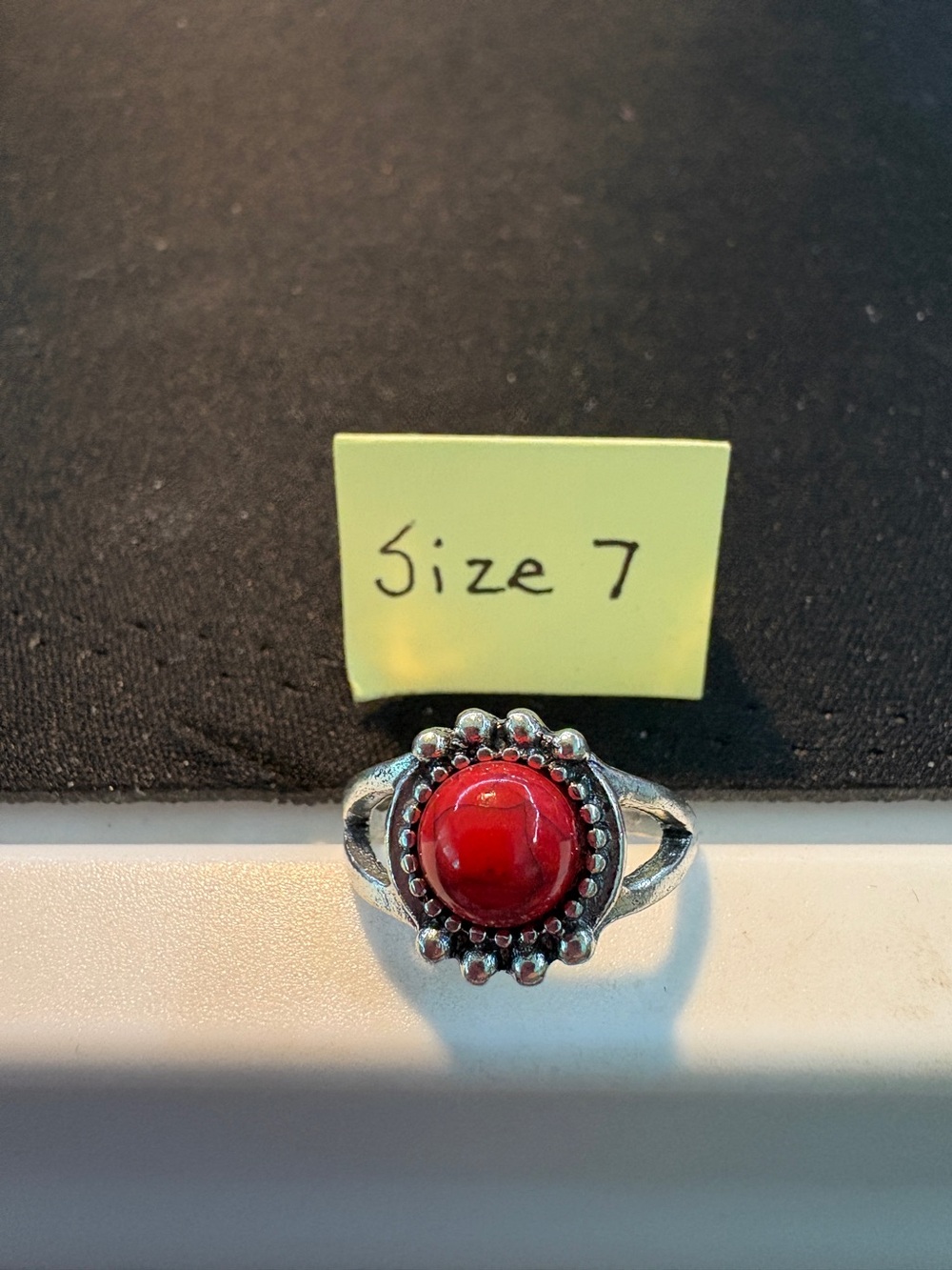 Silver-Tone Red Cabochon Ring - Size 7